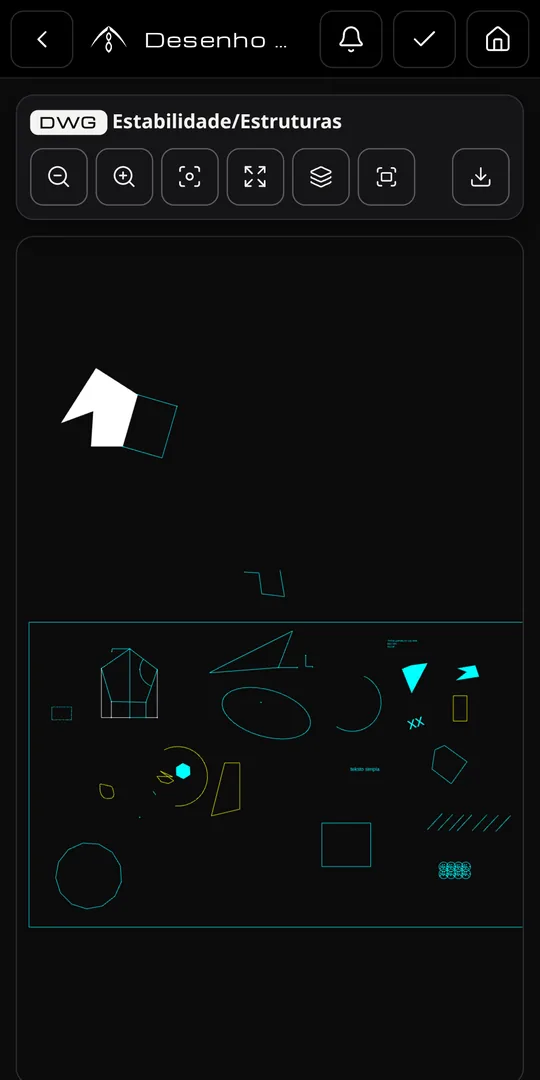 Desenho DWG de exemplo aberto no visualizador da app