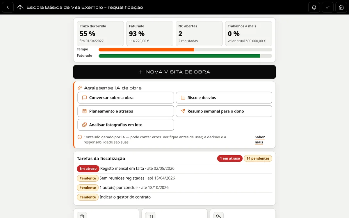 Painel de uma obra de exemplo no computador