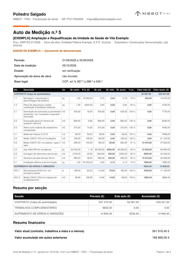 Primeira página de um auto de medição em PDF (exemplo)