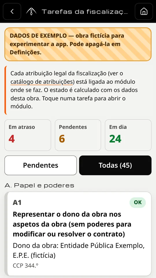 Lista de tarefas da fiscalização, com estado em atraso, pendente ou em dia