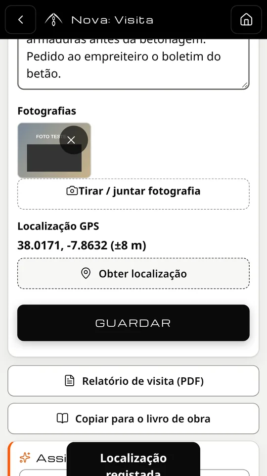 Registo de visita com fotografia e localização GPS